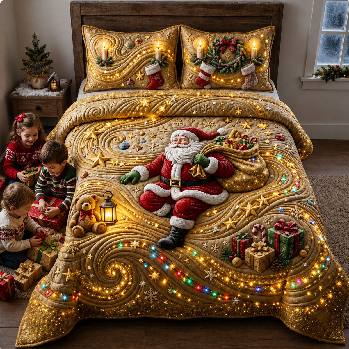 Golden Santa Christmas Lights Quilted Bedding Set