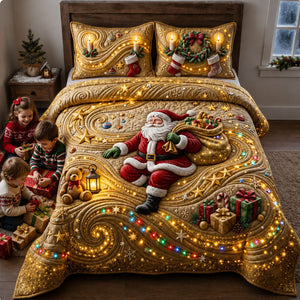 Golden Santa Christmas Lights Quilted Bedding Set
