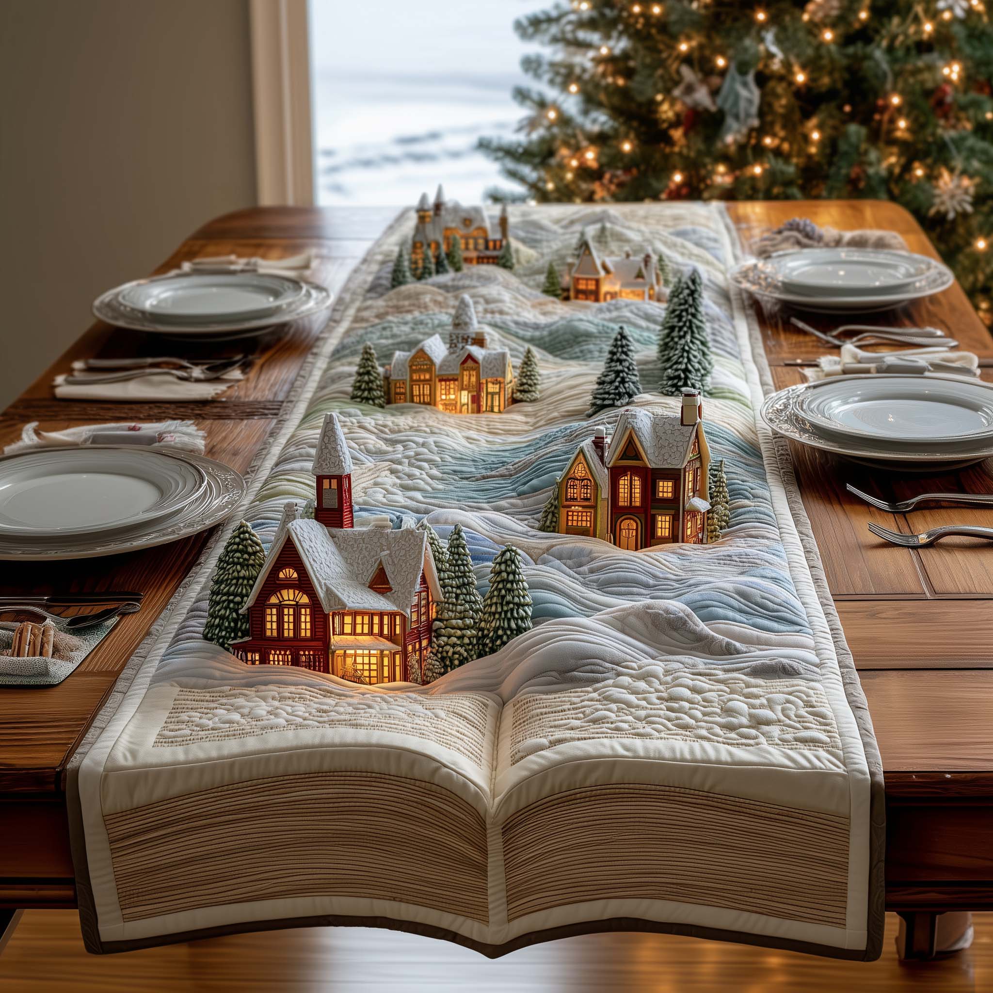 Village Book Quilted Table Runner, Easter Table Runner, Spring Table Runner, Mother's Day Gifts