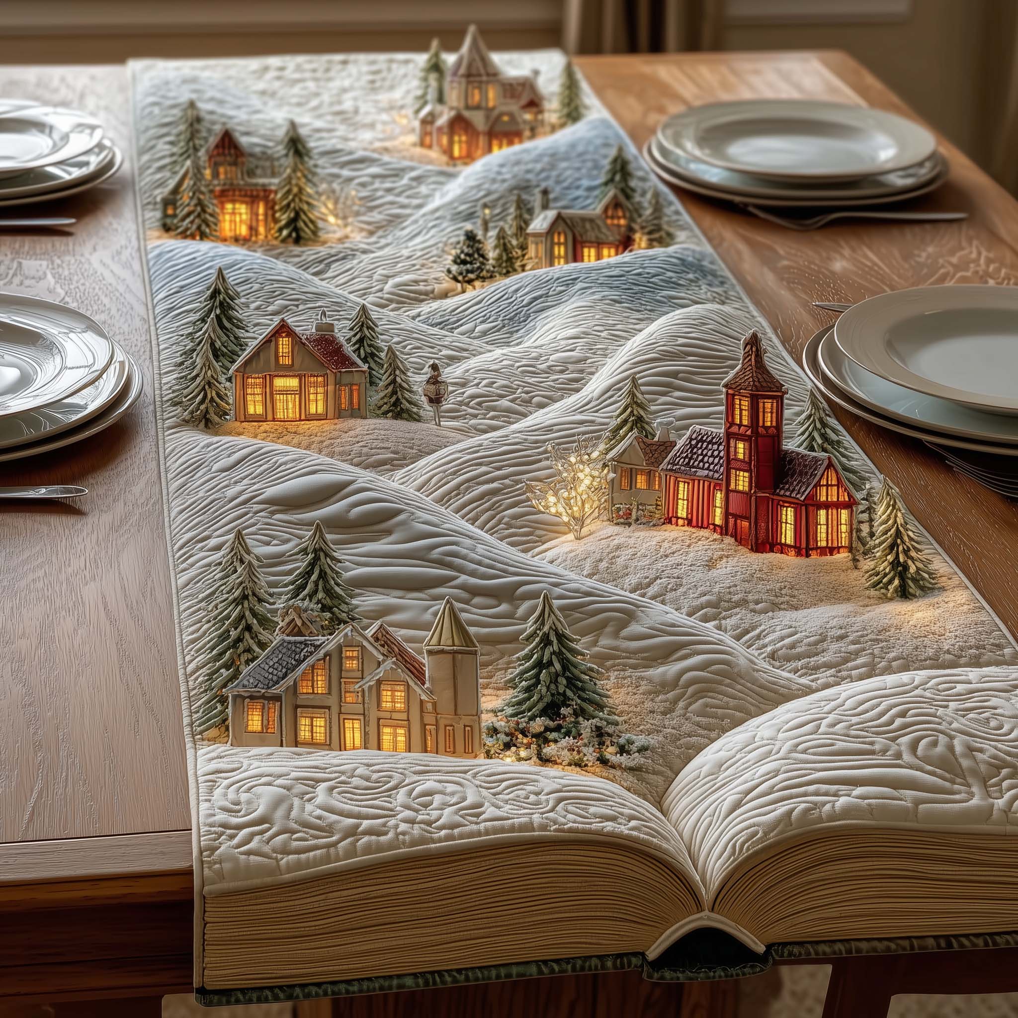 Snow Village Quilted Table Runner, Easter Table Runner, Spring Table Runner, Mother's Day Gifts