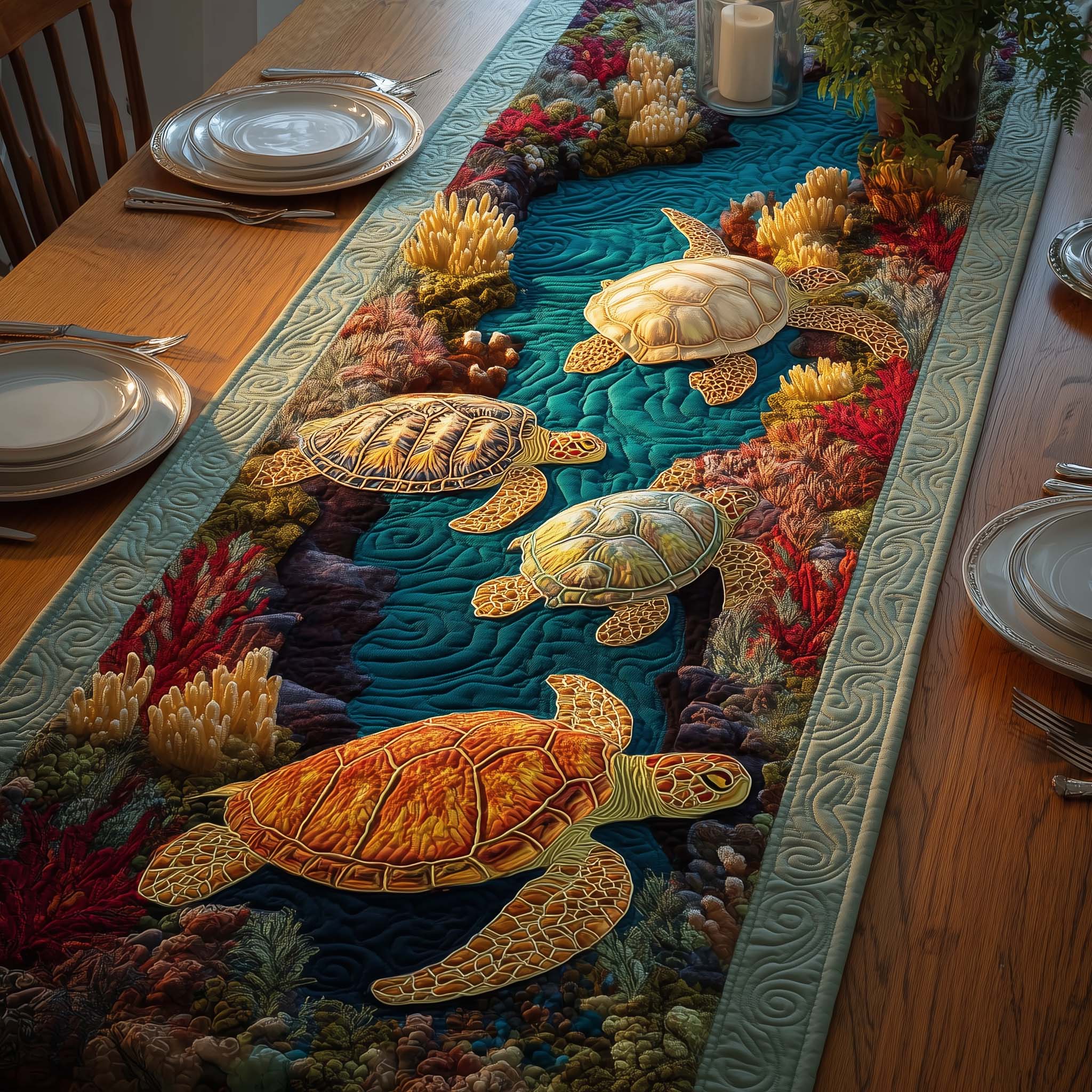 Coral Turtles Quilted Table Runner, Easter Table Runner, Spring Table Runner, Mother's Day Gifts