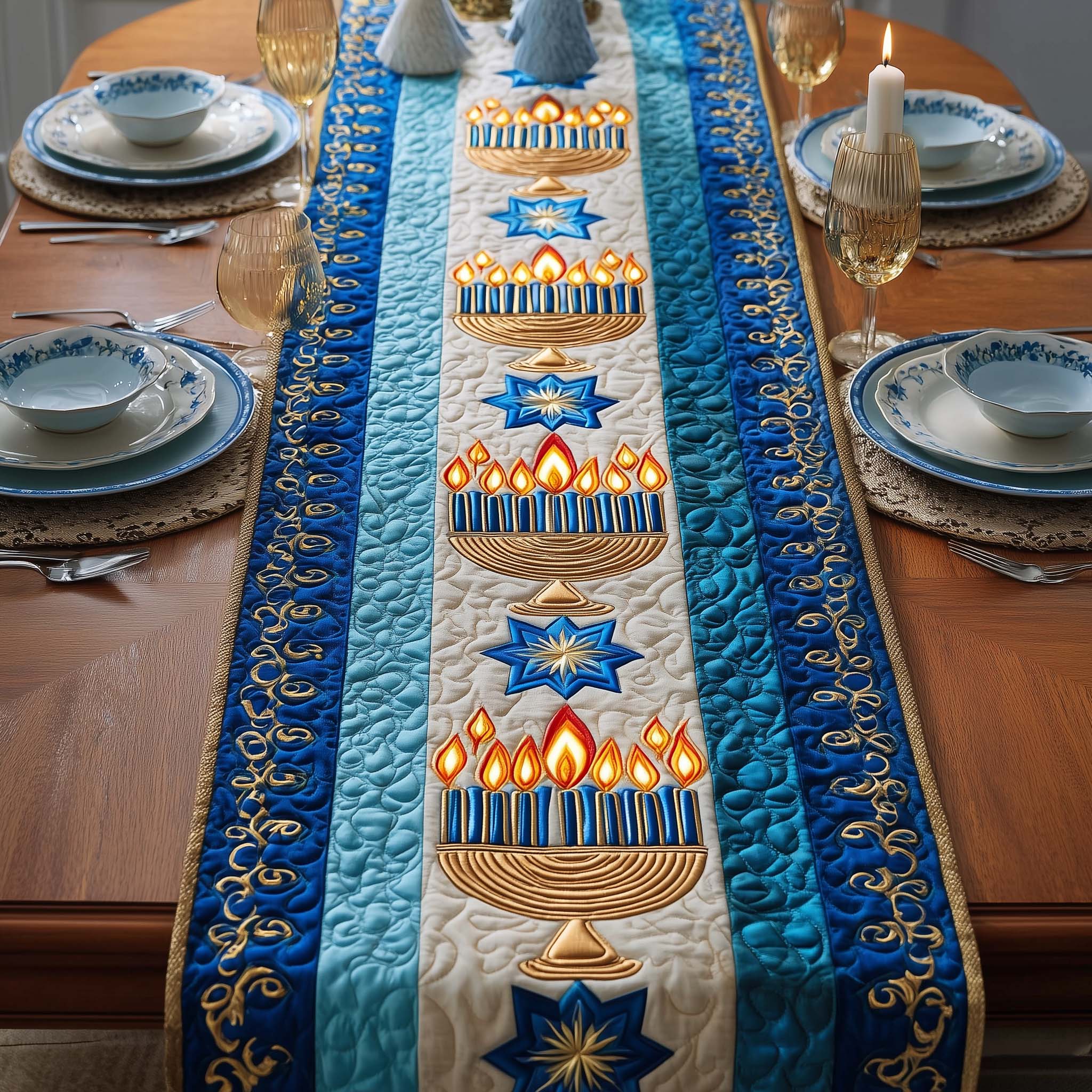 Ceremonial Menorah Quilted Table Runner, Easter Table Runner, Spring Table Runner, Mother's Day Gifts