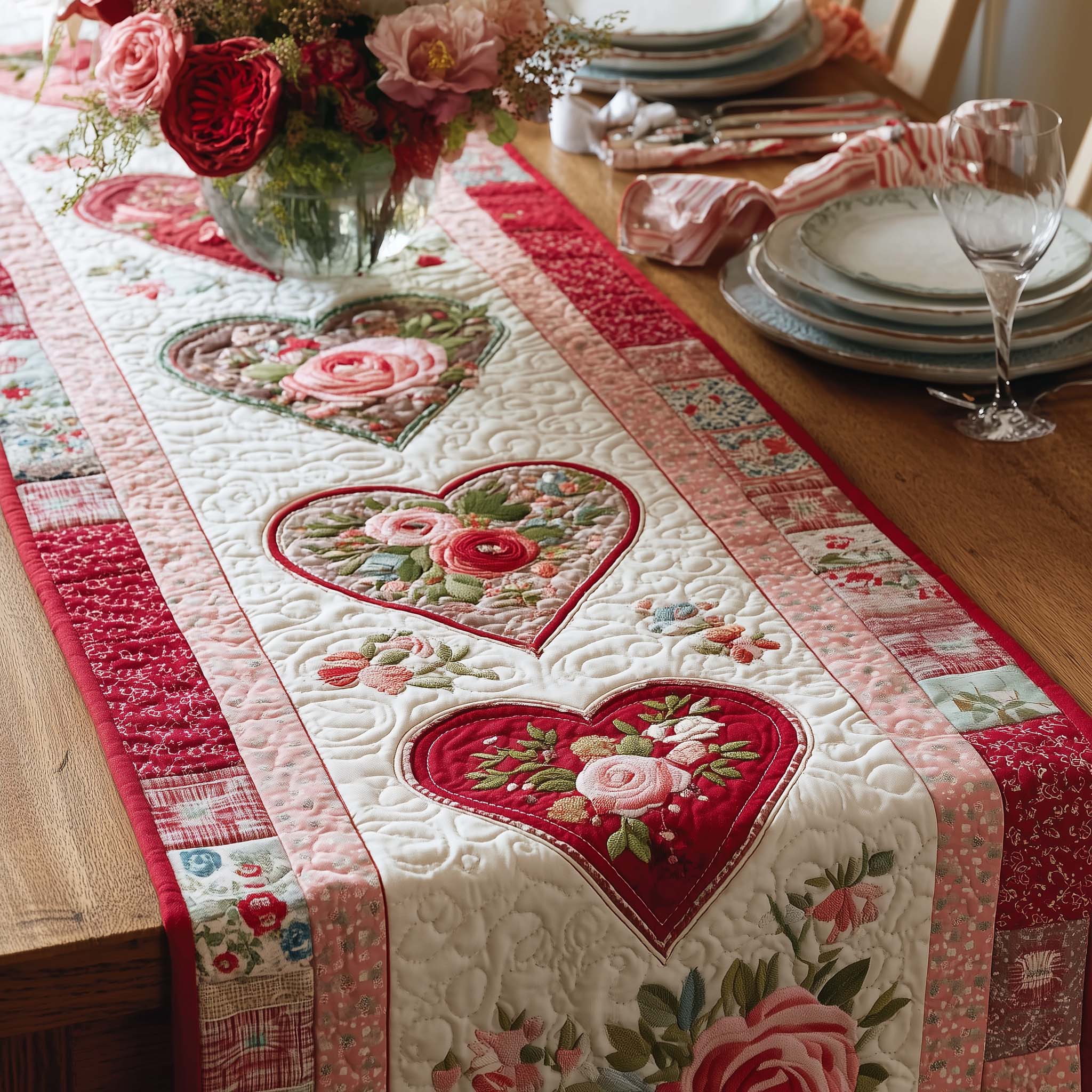 Floral Hearts Quilted Table Runner, Easter Table Runner, Spring Table Runner, Mother's Day Gifts