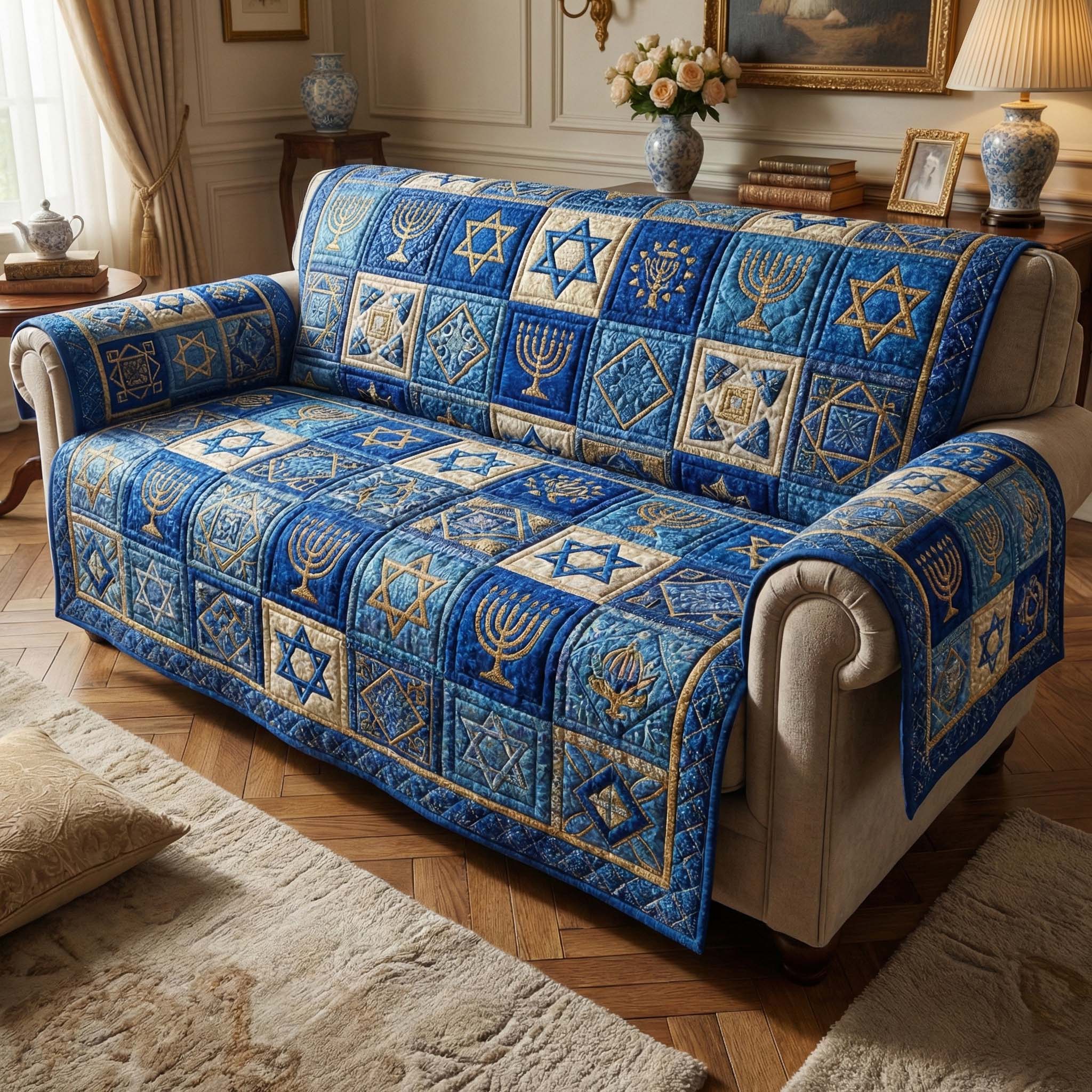 Heritage Blue Quilted Sofa Cover Fall Halloween Decor For Sofa Couch