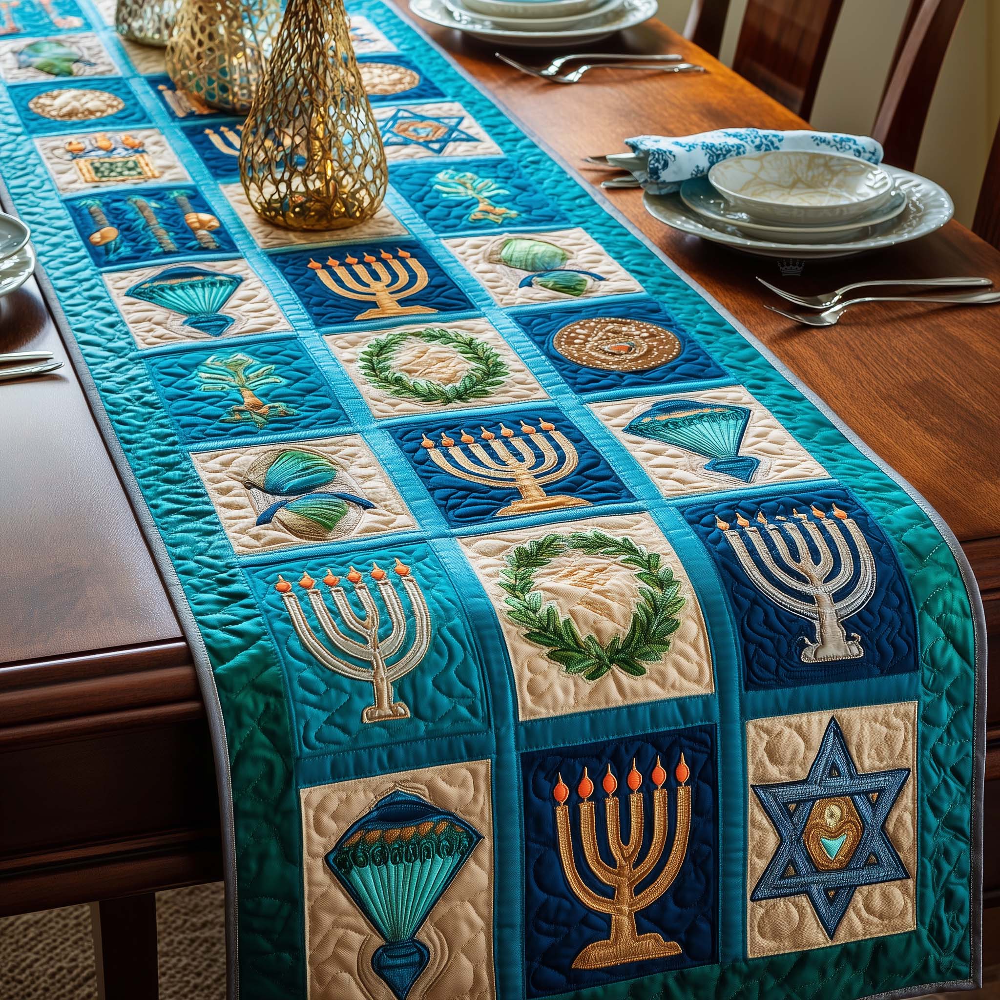 Teal Hanukkah Quilted Table Runner, Easter Table Runner, Spring Table Runner, Mother's Day Gifts