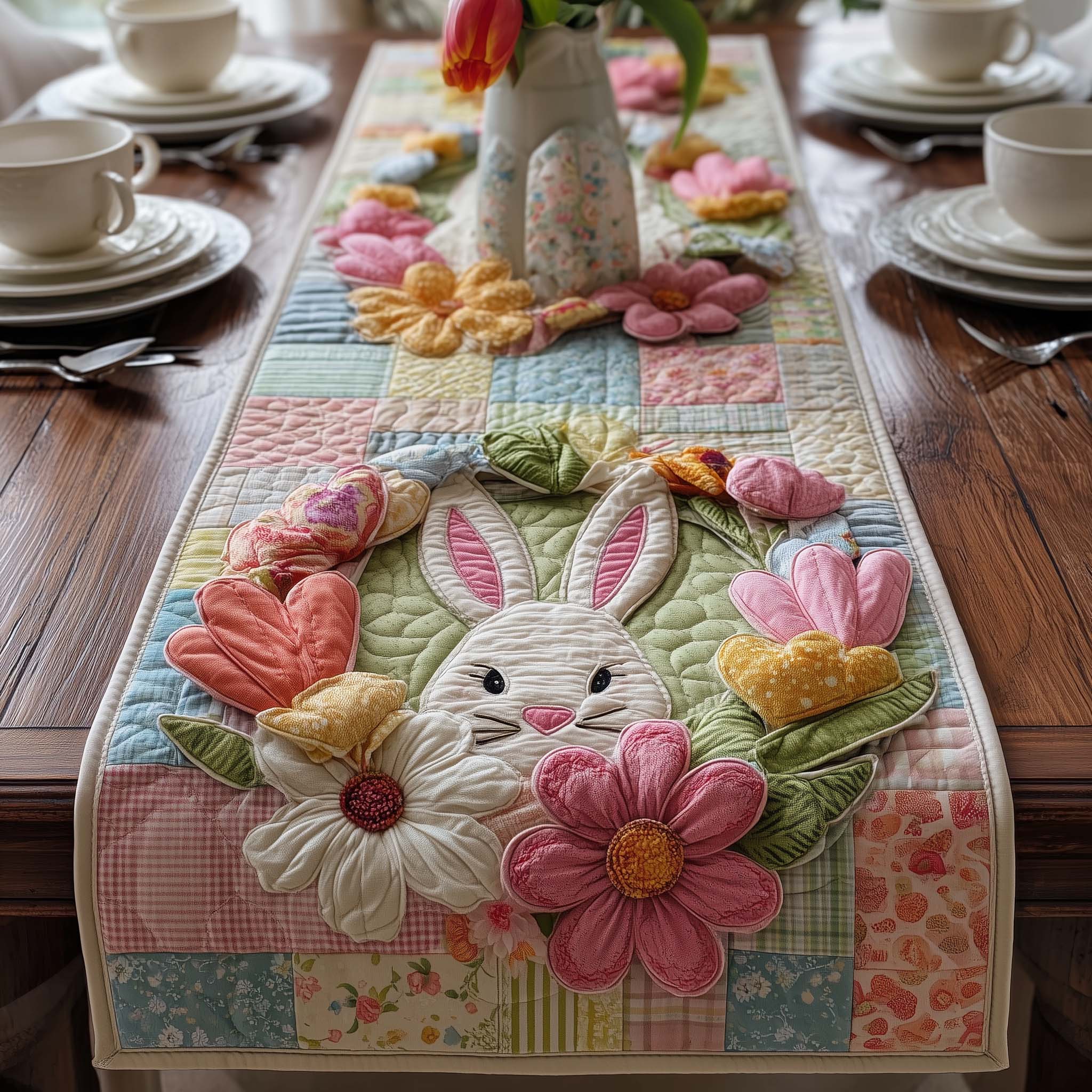 Floral Bunny Quilted Table Runner, Easter Table Runner, Spring Table Runner, Mother's Day Gifts