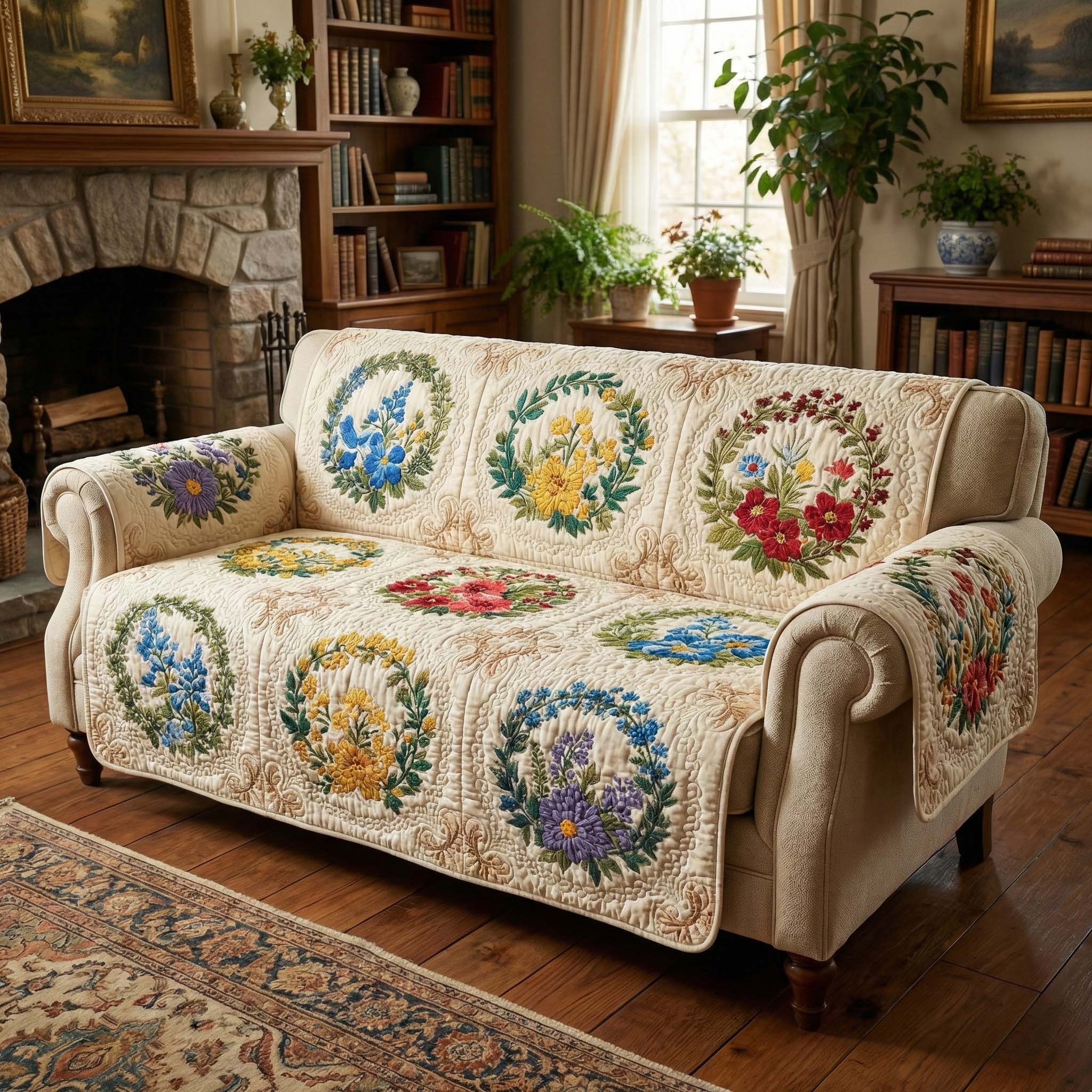 Vintage Wreath Bloom Quilted Sofa Cover Fall Halloween Decor For Sofa Couch
