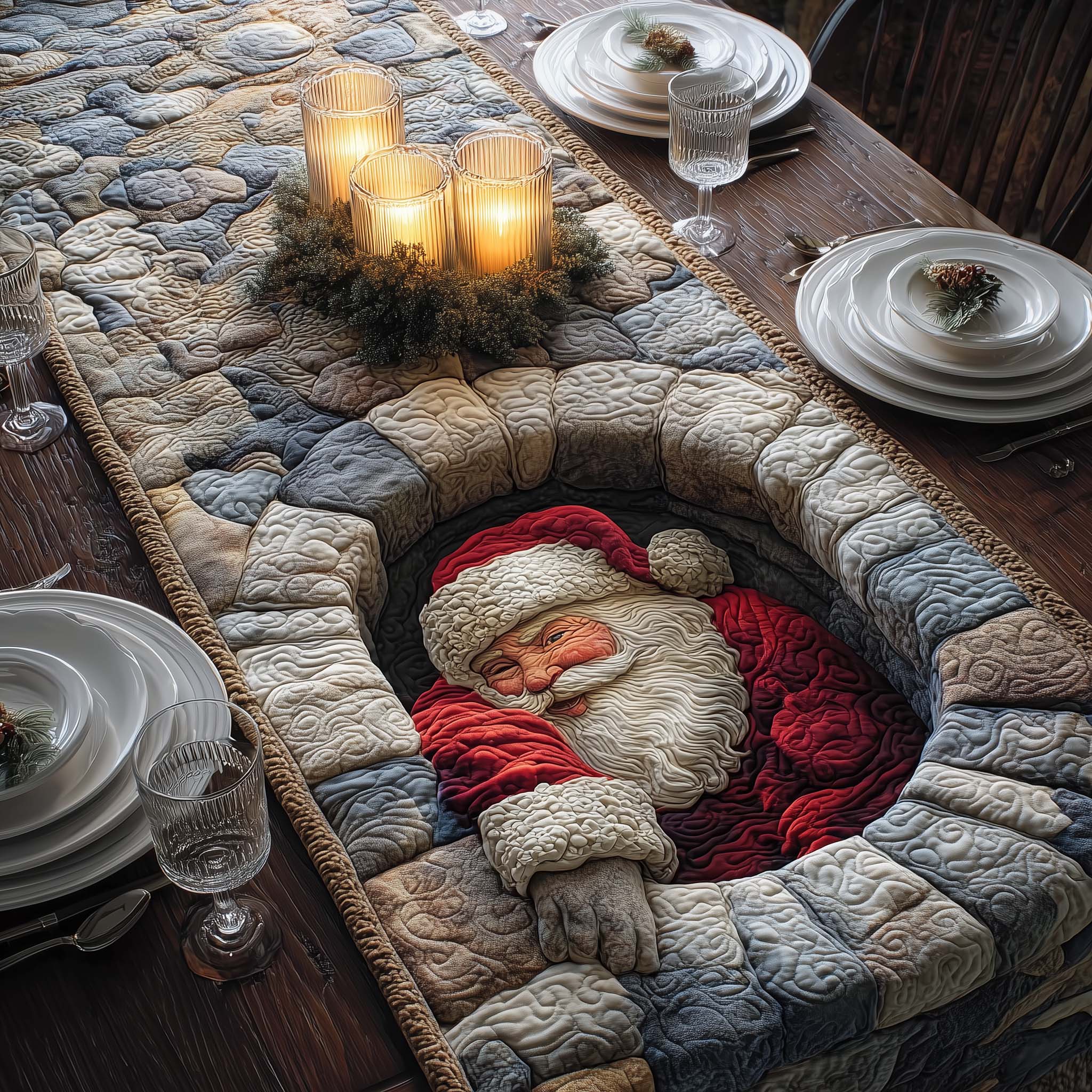 Stone Well Santa Quilted Table Runner, Easter Table Runner, Spring Table Runner, Mother's Day Gifts