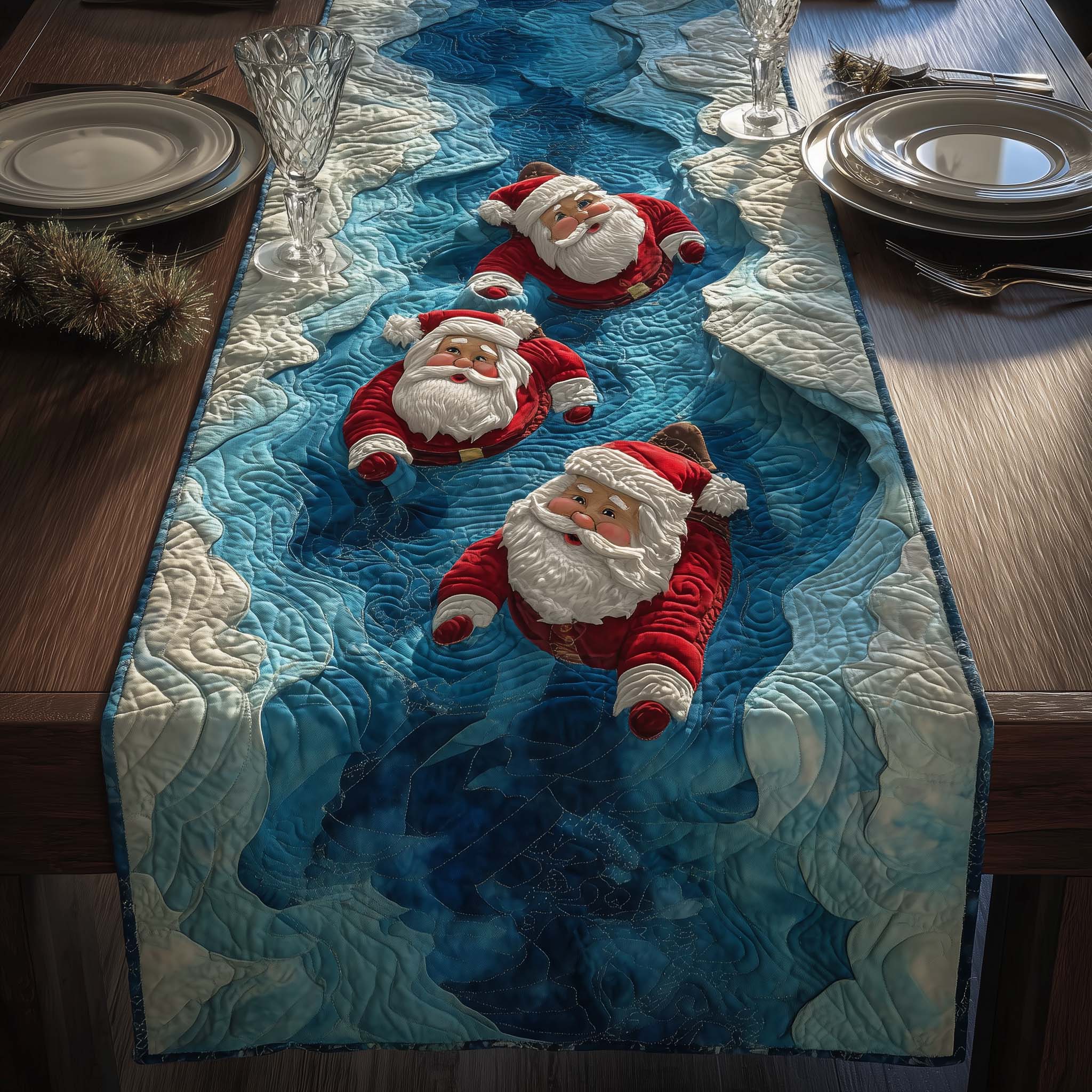 Swimming Santa Quilted Table Runner, Easter Table Runner, Spring Table Runner, Mother's Day Gifts