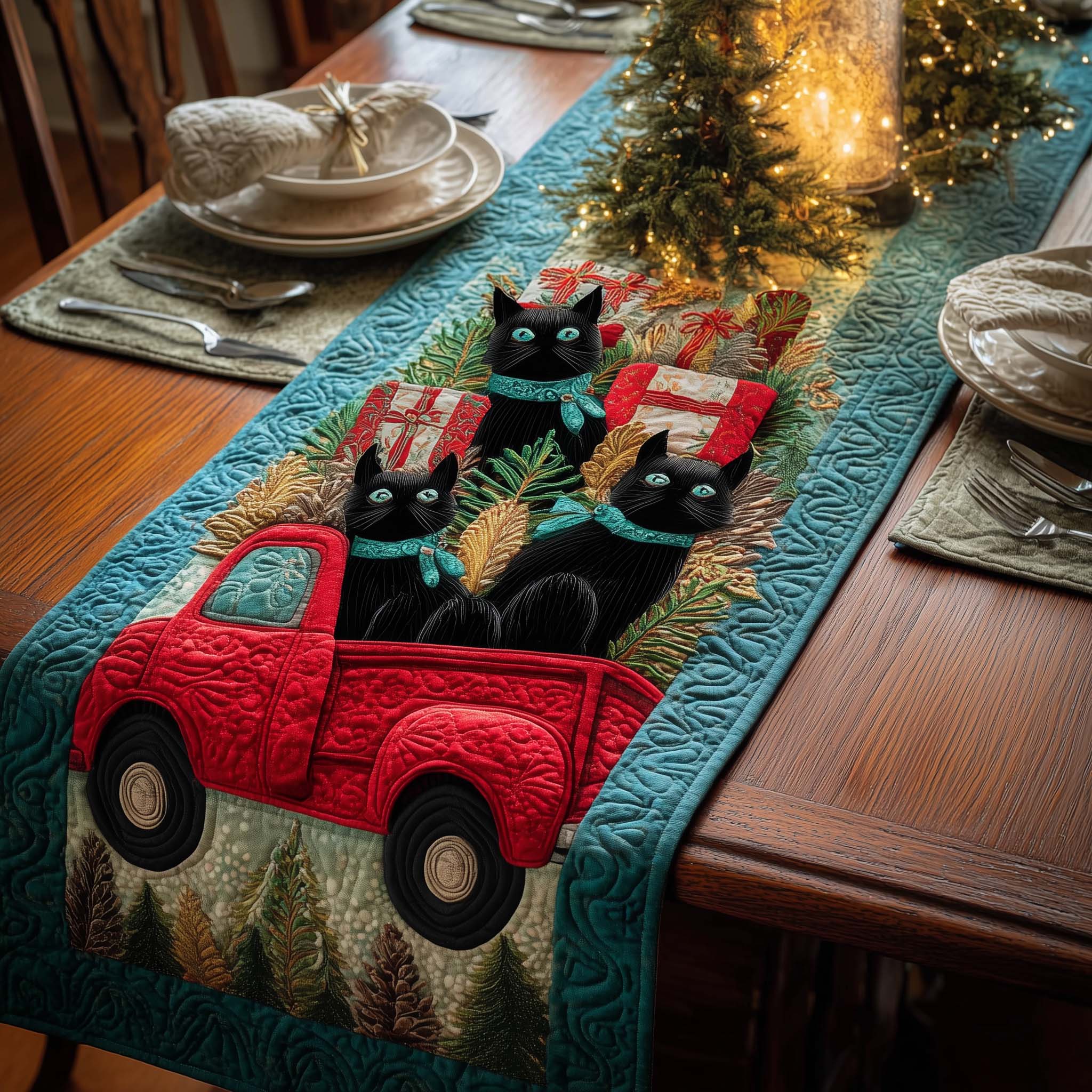Truck Cats Quilted Table Runner, Easter Table Runner, Spring Table Runner, Mother's Day Gifts