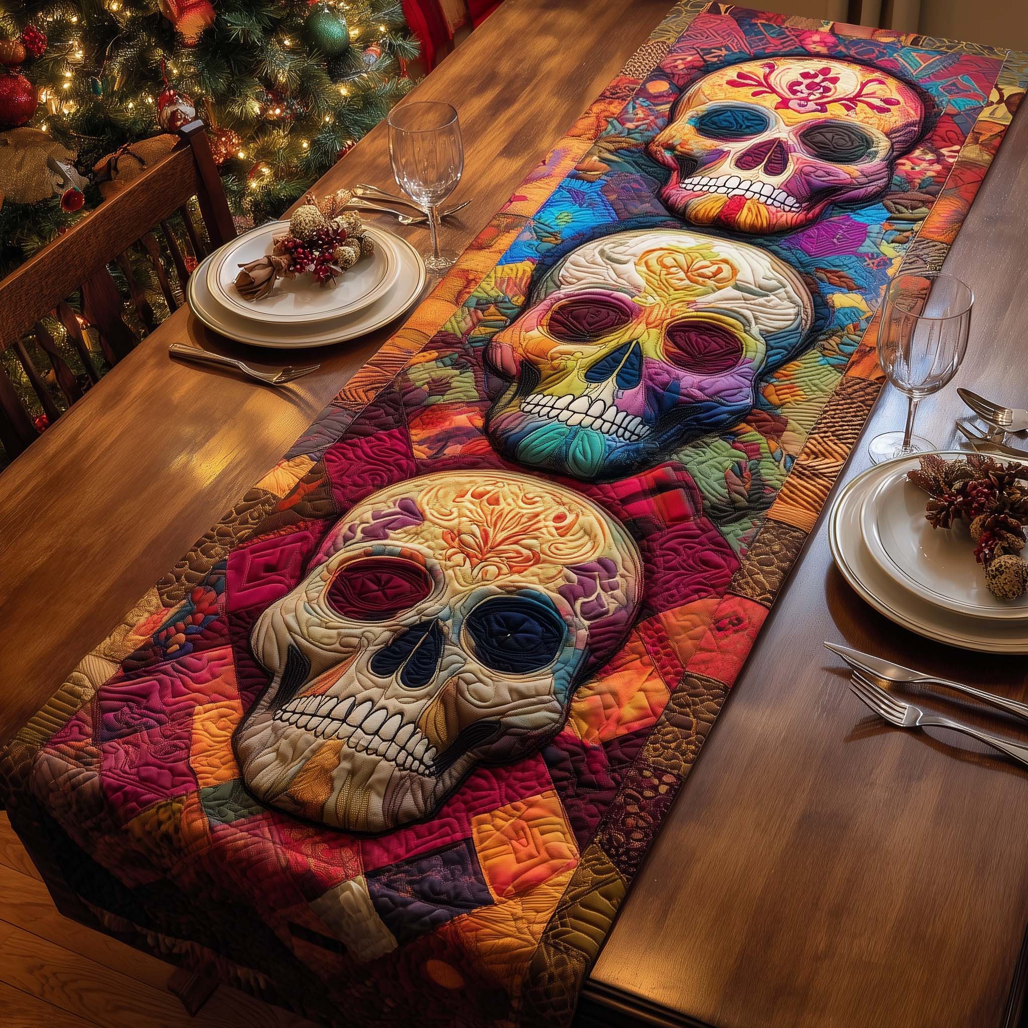 Colorful Skulls Quilted Table Runner, Easter Table Runner, Spring Table Runner, Mother's Day Gifts