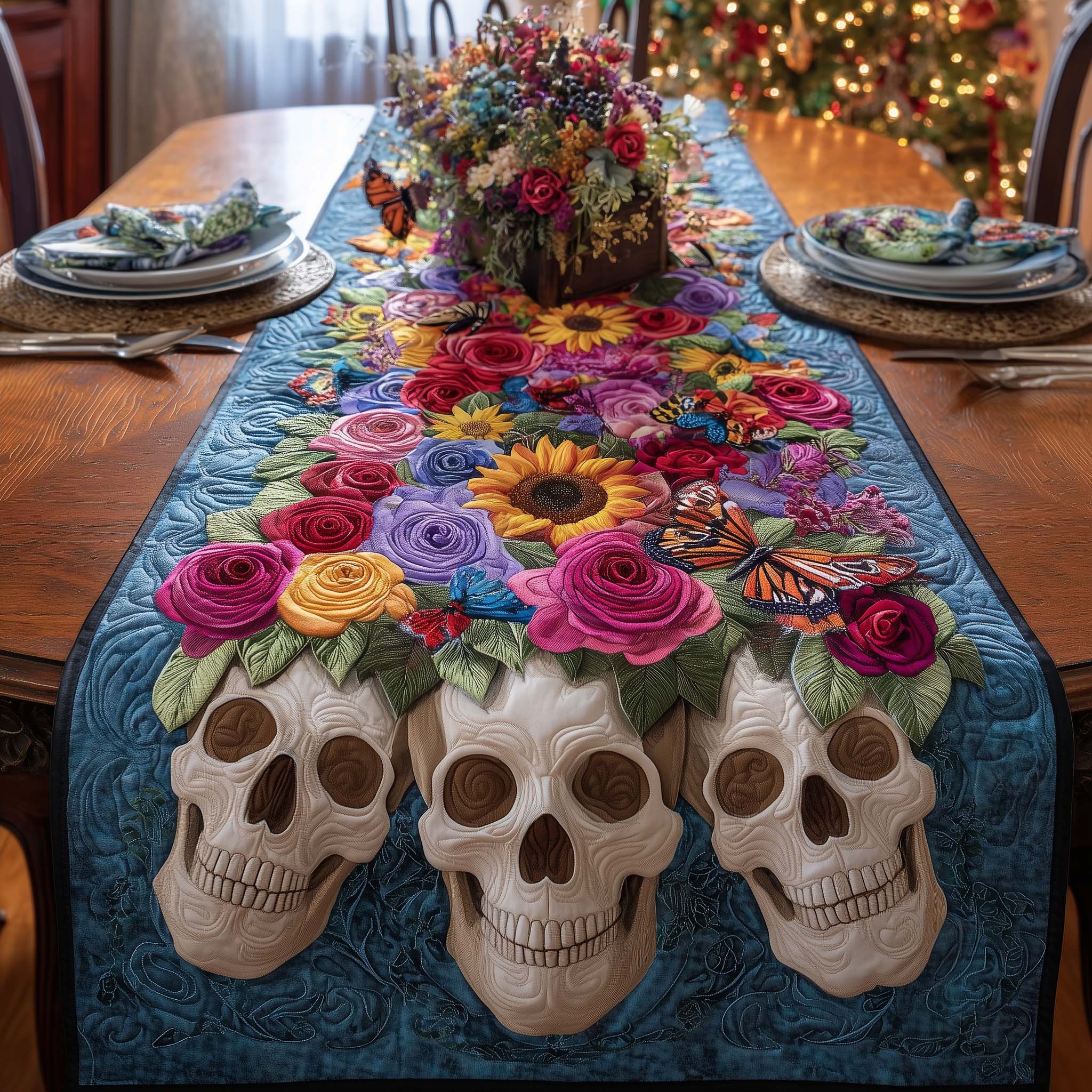 Floral Skulls Quilted Table Runner, Easter Table Runner, Spring Table Runner, Mother's Day Gifts