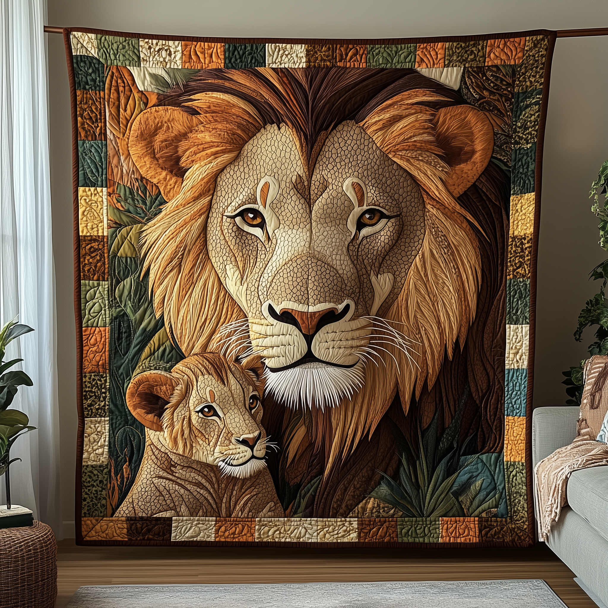 Majectic Lion And Kid Quilt Blanket, Lion Blanket, Mothers Day Gift, Gift For Mom