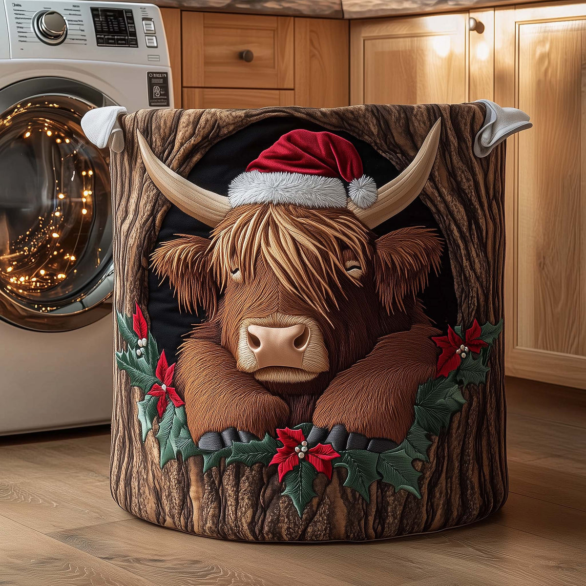 Christmas Highland Cow Barn Wood laundry basket