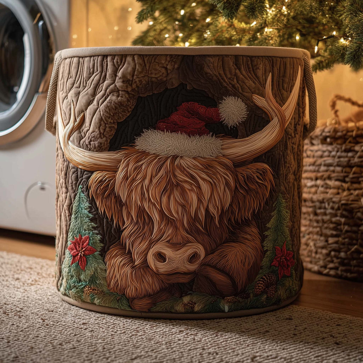 Rustic Highland Cow Santa Hat laundry basket