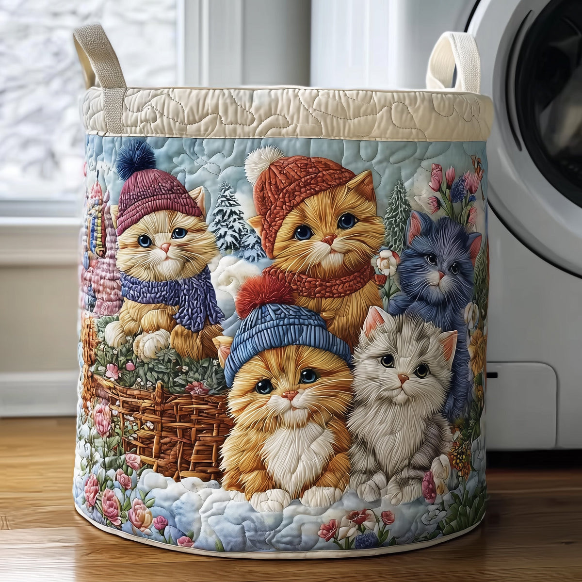Winter Kittens In Knitted Hats laundry basket