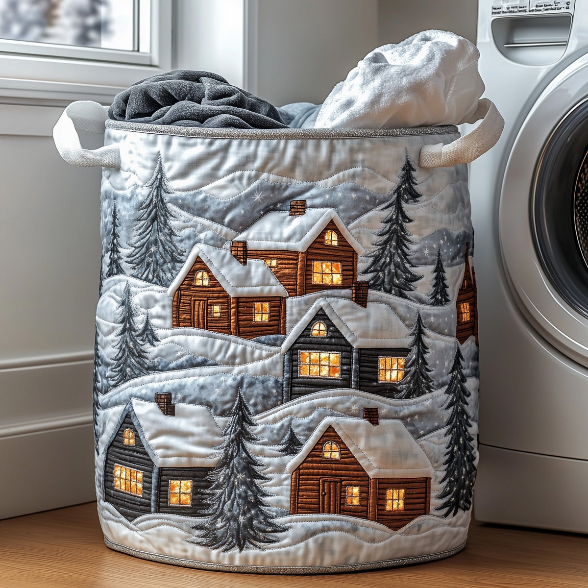 Winter Snowy Village Cabins laundry basket