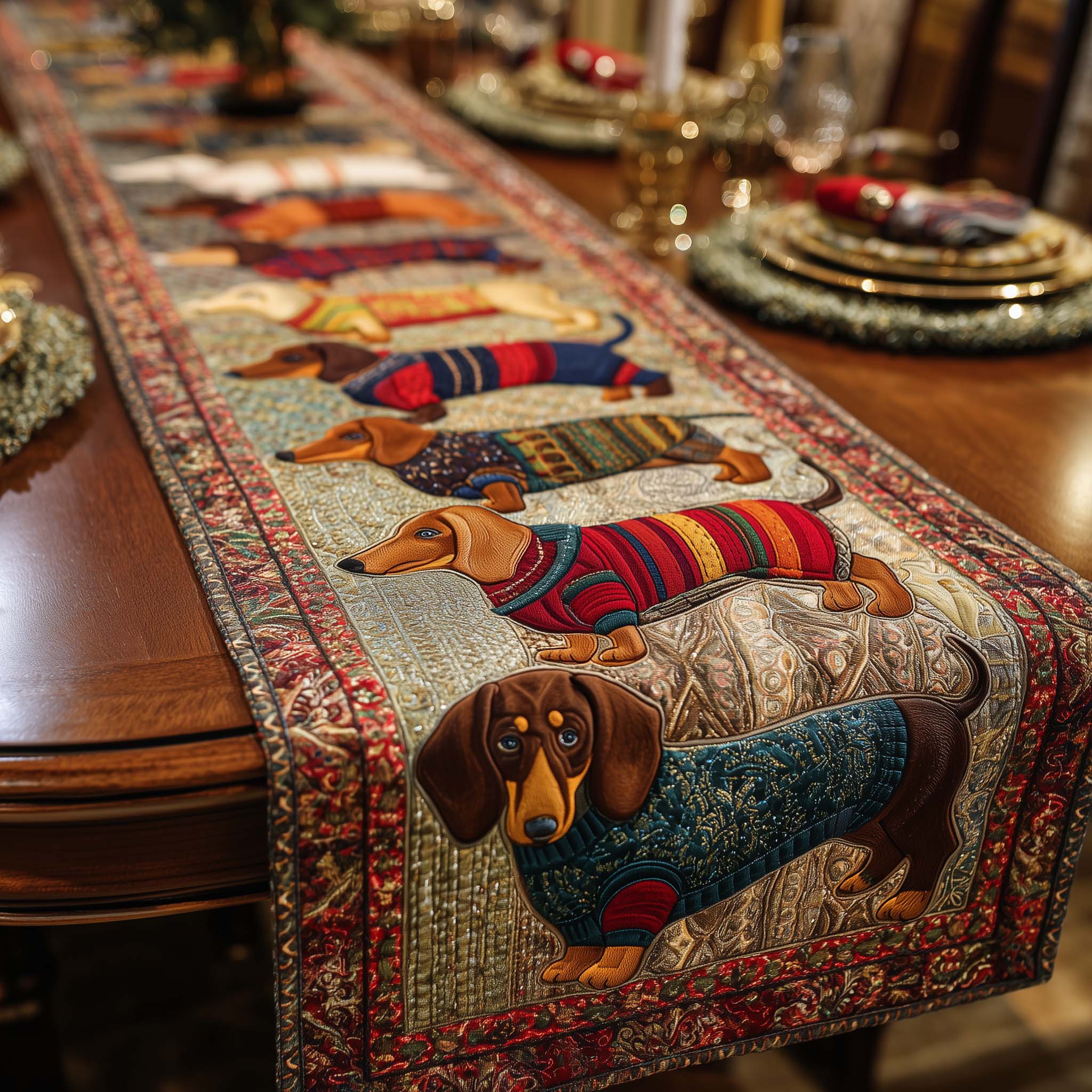 Merry Dachshund Charm Quilted Table Runner, Easter Table Runner, Spring Table Runner, Mother's Day Gifts