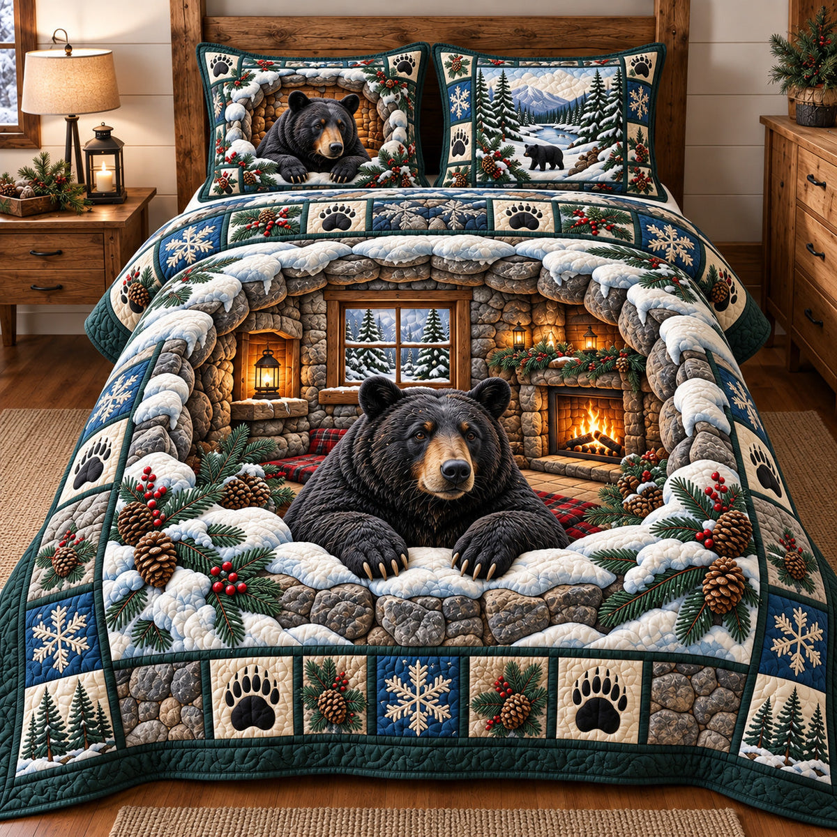 Snowy Black Bear Cabin Quilted Bedding Set