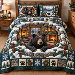Snowy Black Bear Cabin Quilted Bedding Set