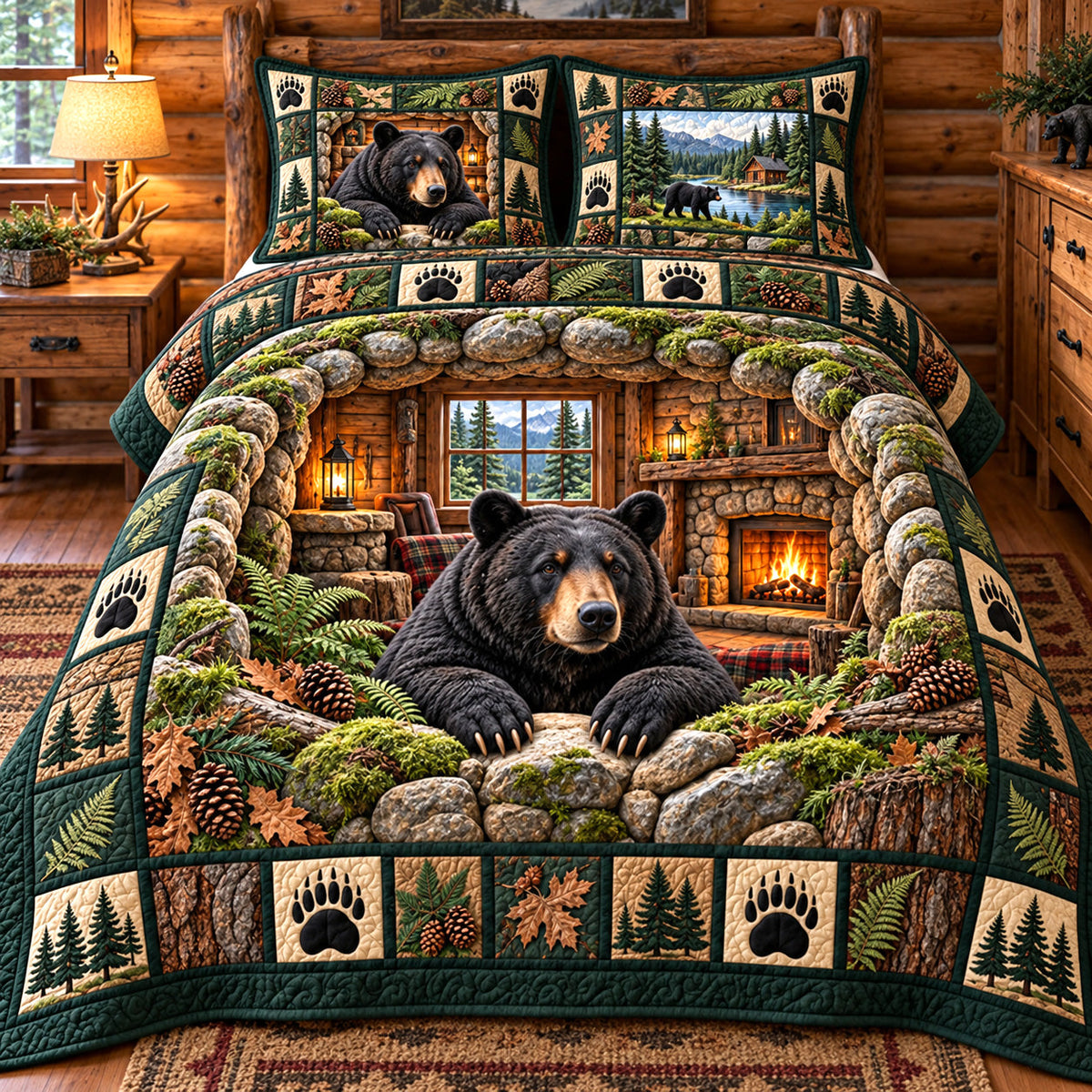 Mossy Forest Black Bear Cabin Quilted Bedding Set