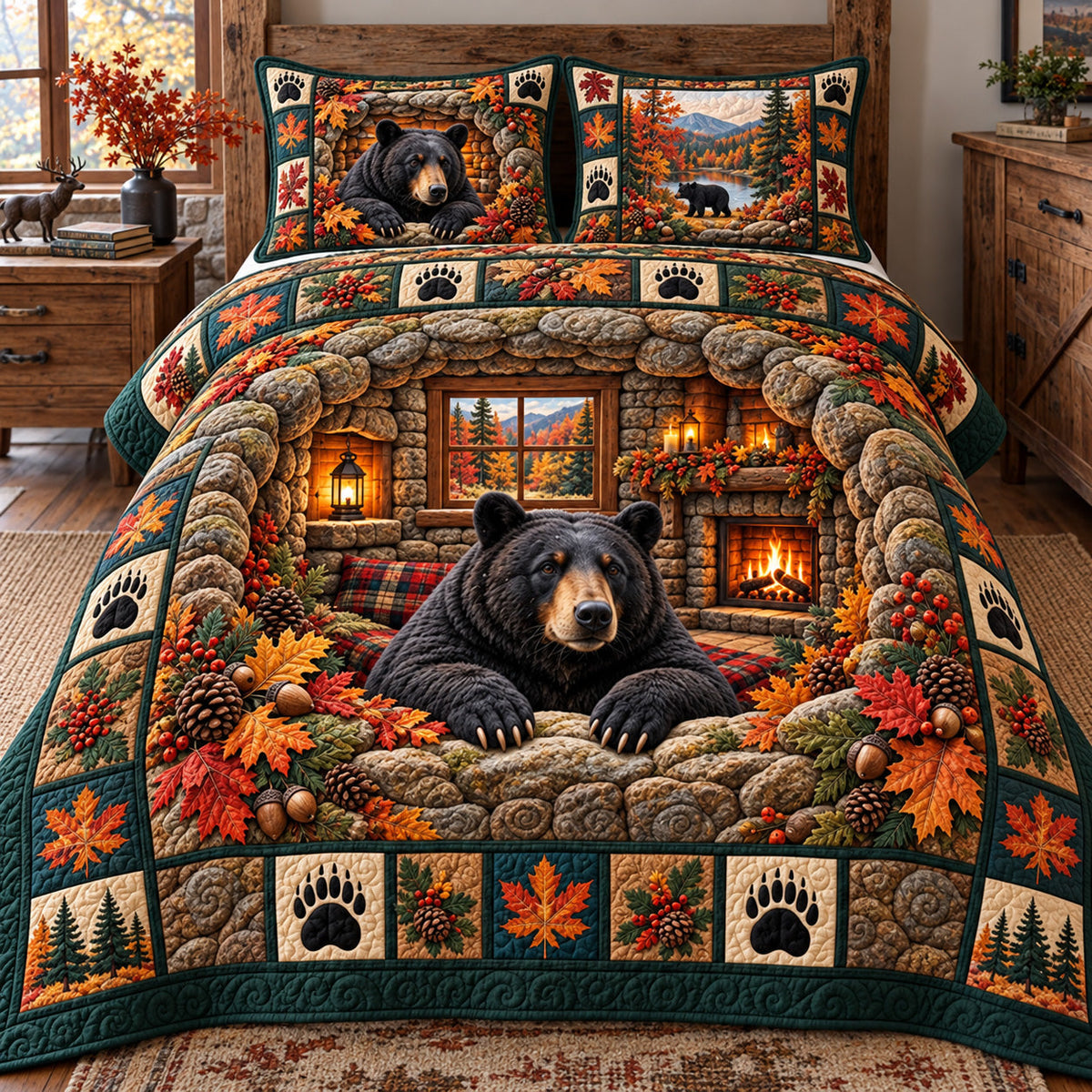 Autumn Maple Black Bear Cabin Quilted Bedding Set