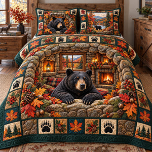 Autumn Maple Black Bear Cabin Quilted Bedding Set