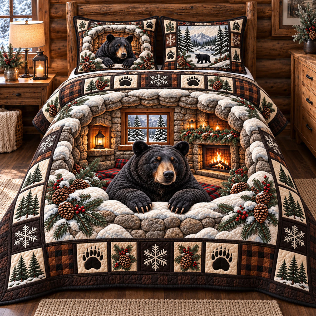 Frosty Plaid Black Bear Cabin Quilted Bedding Set
