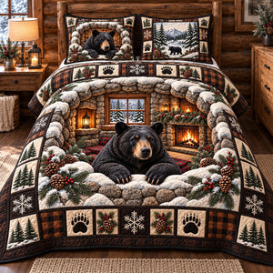 Frosty Plaid Black Bear Cabin Quilted Bedding Set