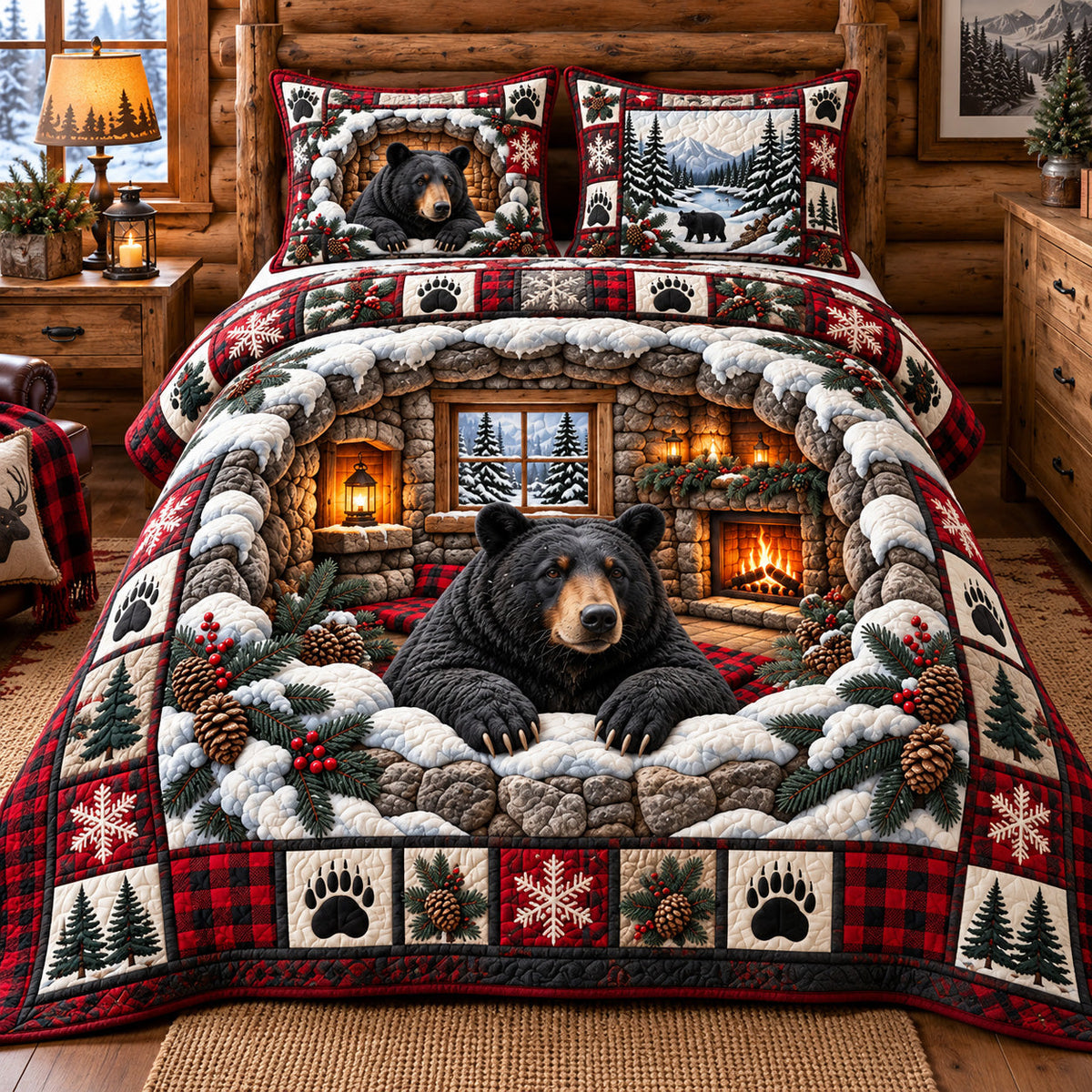 Red Plaid Black Bear Cabin Quilted Bedding Set