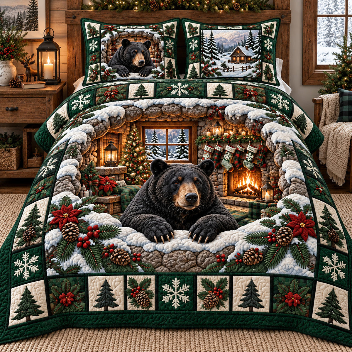 Festive Poinsettia Black Bear Cabin Quilted Bedding Set