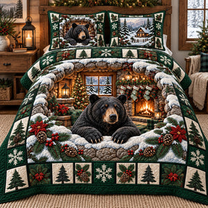 Festive Poinsettia Black Bear Cabin Quilted Bedding Set