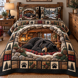 Sleepy Black Bear Cabin Quilted Bedding Set