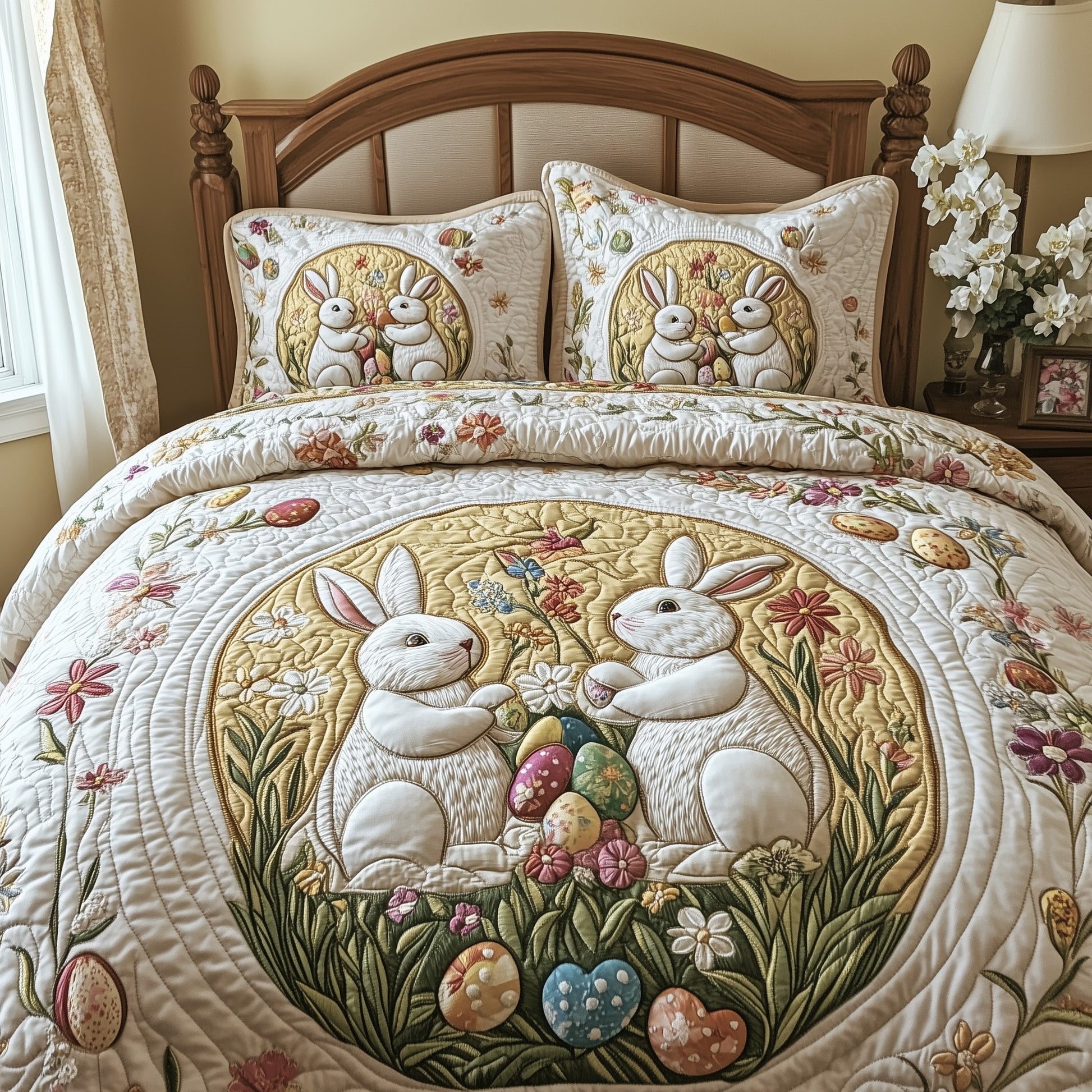 White Rabbit Quilt Bed Sets, Bedding Set, Bedroom Decor, Mother's Day Gift, Easter Decor, Easter Gift