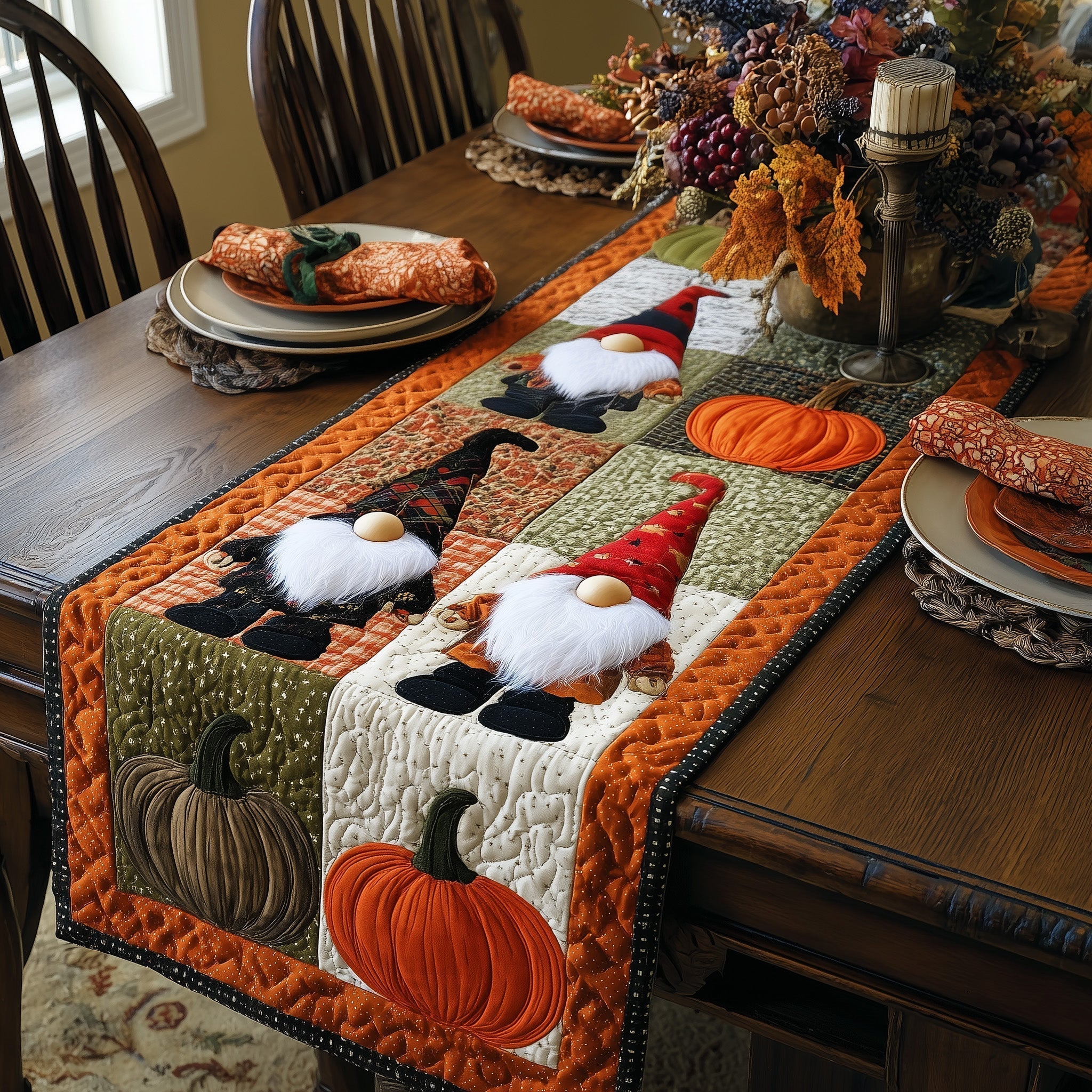 Autumn Gnome Quilted Table Runner, Easter Table Runner, Spring Table Runner, Mother's Day Gifts