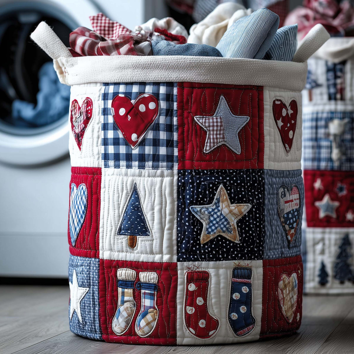 Red Blue Christmas Stars Stockings Patchwork laundry basket