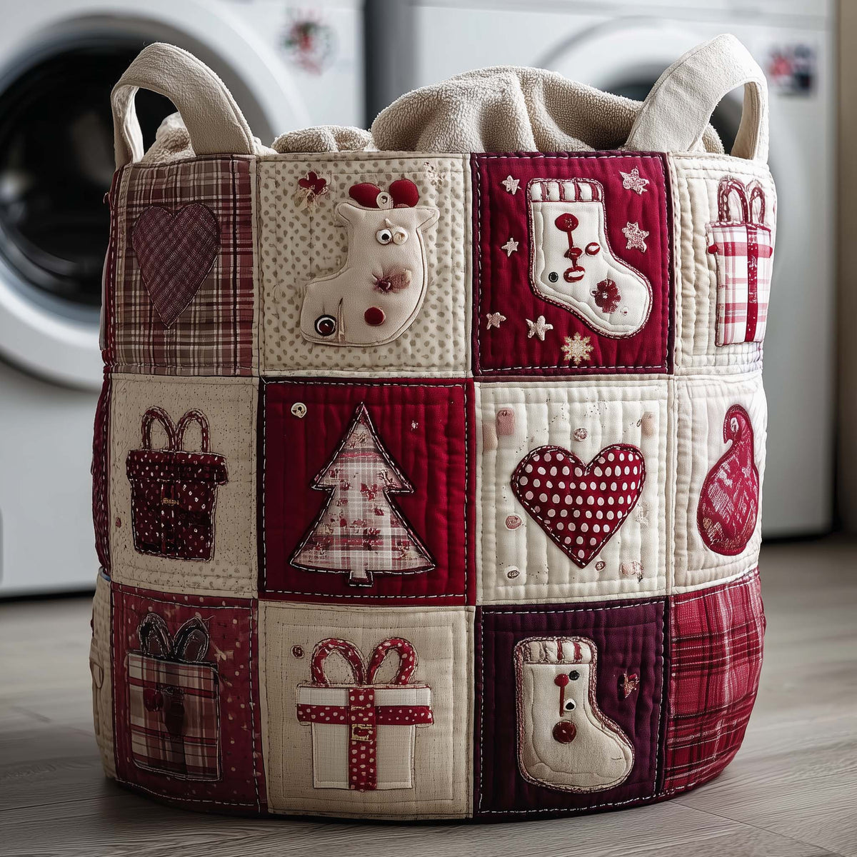 Burgundy Christmas Stocking Gift Patchwork laundry basket
