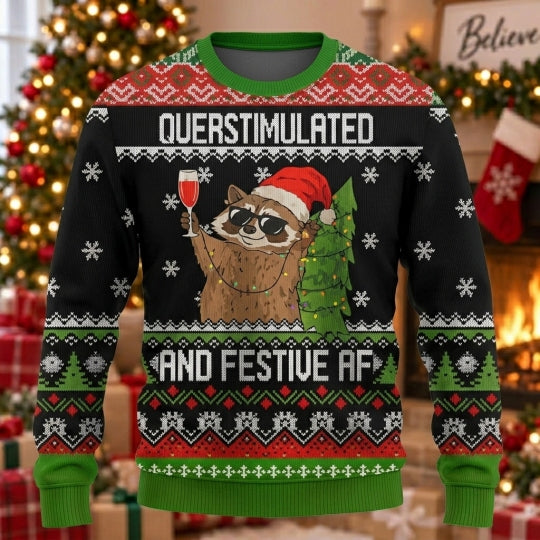 And Festive AF Raccoon Ugly Christmas Sweater