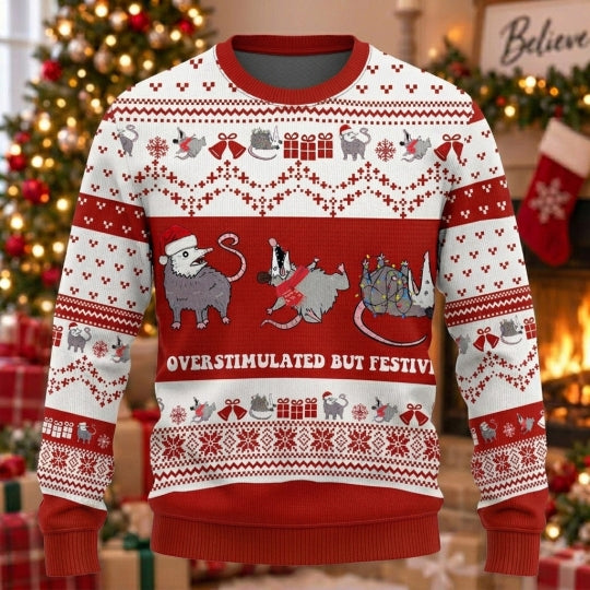 Overstimulated Festive Rats Ugly Christmas Sweater