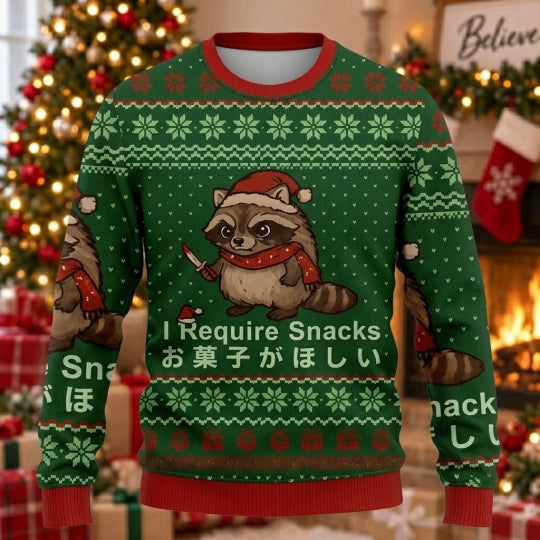 I Require Snacks Raccoon Ugly Christmas Sweater