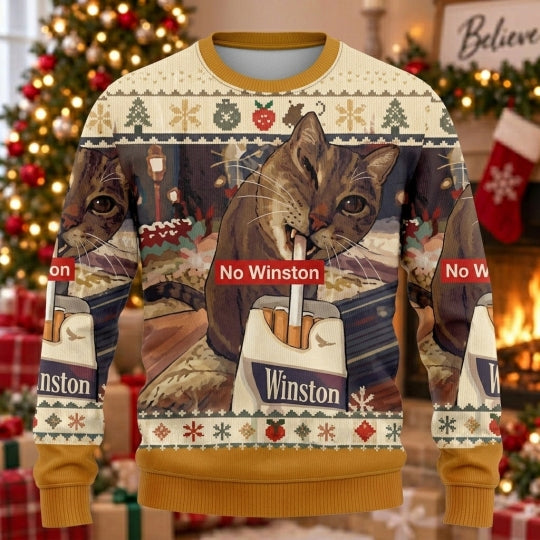 No Winston Smoking Cat Ugly Christmas Sweater