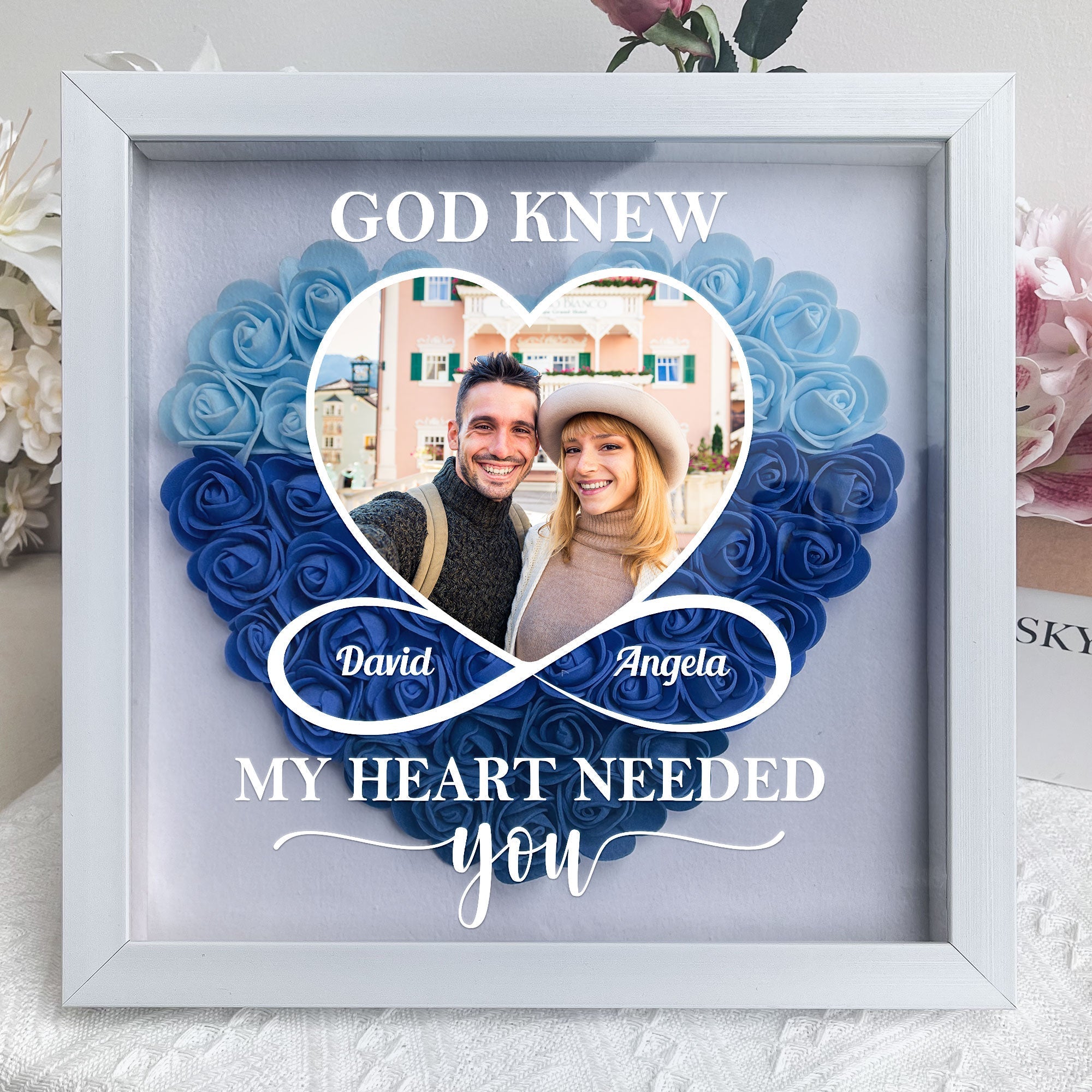 God Knew My Heart Needed You Personalized Photo Flower Shadow Box, Gifts For Couple