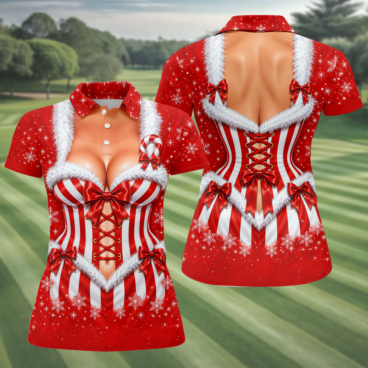 Christmas Candy Cane Corset Golf Shirt, Golf Shirts For Women, Ladies Golf Apparel
