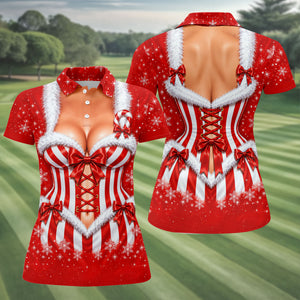 Christmas Candy Cane Corset Golf Shirt, Golf Shirts For Women, Ladies Golf Apparel