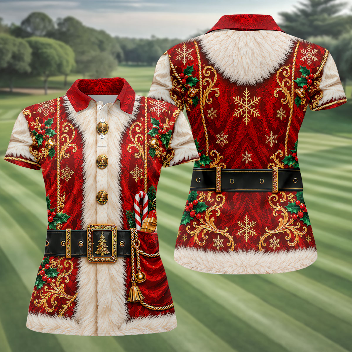 Christmas Ornate Santa Suit Golf Shirt, Womens Golf Apparel, Golf Gifts For Women