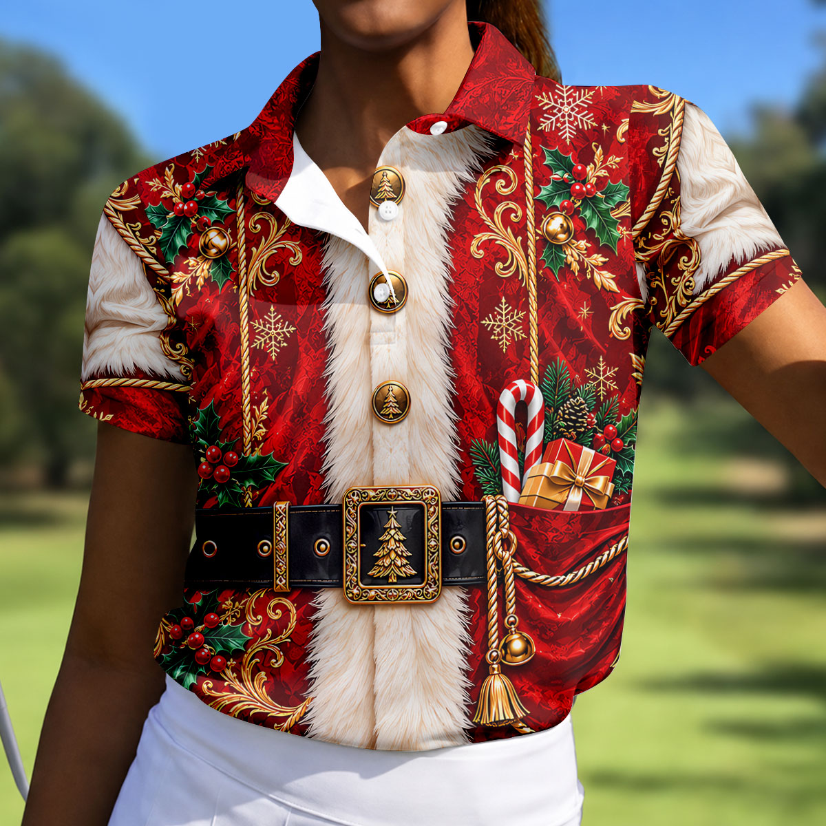 Christmas Ornate Santa Suit Golf Shirt, Womens Golf Apparel, Golf Gifts For Women