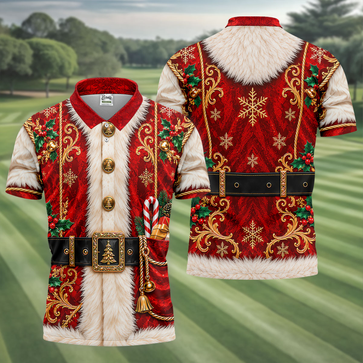 Christmas Ornate Santa Suit Golf Shirt, Golf Shirts For Men, Mens Holiday Golf Shirts