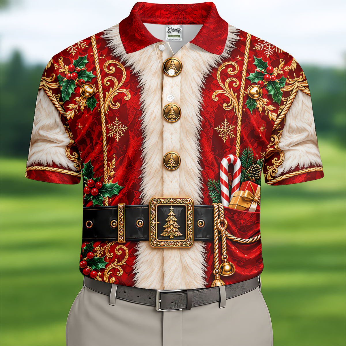 Christmas Ornate Santa Suit Golf Shirt, Golf Shirts For Men, Mens Holiday Golf Shirts