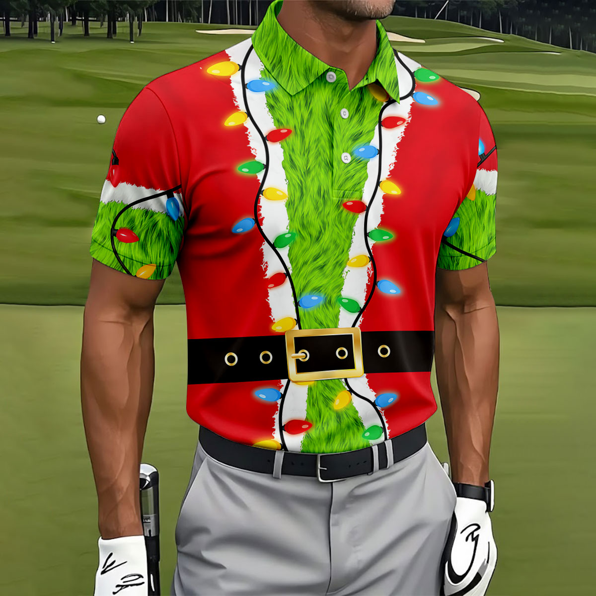 Christmas Green Furry Santa Suit Golf Shirt, Golf Shirts For Men, Golf Polo For Men