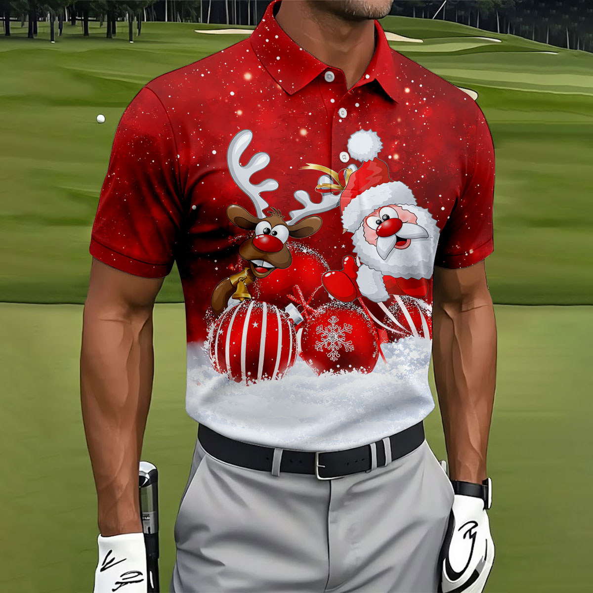 Christmas Santa Reindeer Snow Golf Shirt, Golf Shirts For Men, Golf Gifts For Men